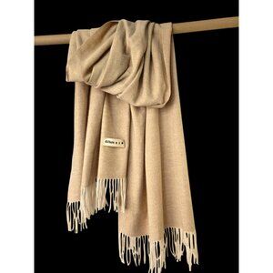 Beige Cashmere Fringed Scarf Shawl Diagonal Weave Minimalist 74x52 Neutral Wrap